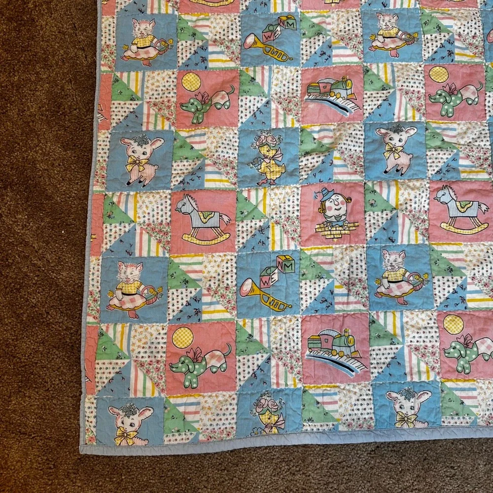 Vintage Baby Quilt Blanket Humpty Lamb Dog Train Doll 52 in x 41 in Cotton 100%